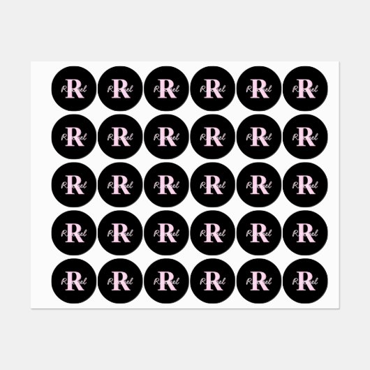 Schattige aanpasbare monogram | Lichtroze & Zwart Labels (Vel)