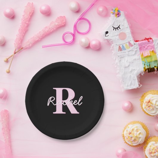 Schattige aanpasbare monogram | Lichtroze & Zwart Papieren Bordje (Feest)