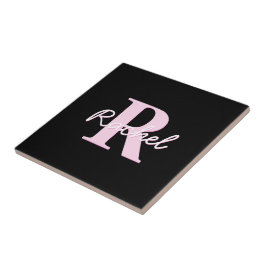 Schattige aanpasbare monogram | Lichtroze & Zwart Tegeltje