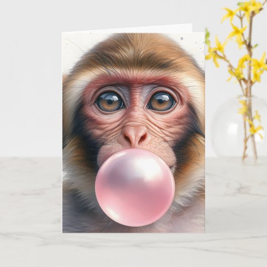 Schattige Aap Blowing Bubbles Bubble Gum Blank Kaart (Gele Bloem)