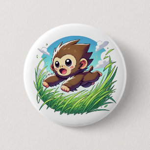 Schattige aap die door een veld springt ronde button 5,7 cm