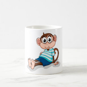 Schattige aap in blauw gestreept shirt en korte br koffiemok