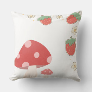 Schattige Aardbei en Paddenstoel Cottagecore Illus Kussen