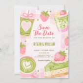 Schattige aardbei matcha zoete bruiloft save the date (Voorkant)