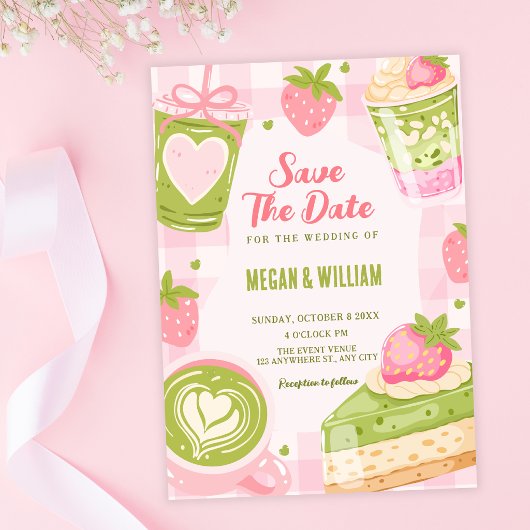 Schattige aardbei matcha zoete bruiloft save the date