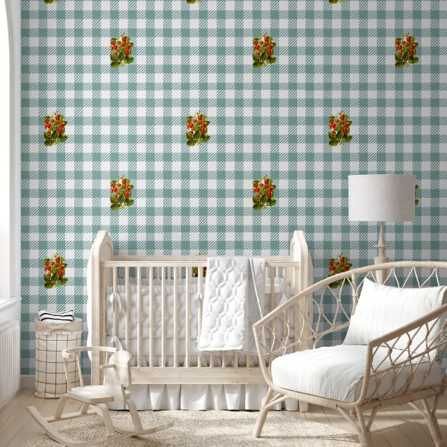 Schattige  Aardbeienblauw Plaid Behang (Kinderen)