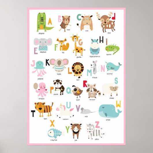 Schattige ABC's | Kleurrijk roze frame dier alfabe Poster (Voorkant)