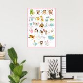 Schattige ABC's | Kleurrijk roze frame dier alfabe Poster (Thuiskantoor)