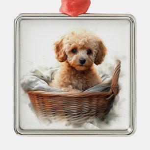 SCHATTIGE ABRIKOT FRANSE POEDEL PUPPY HOND METALEN ORNAMENT