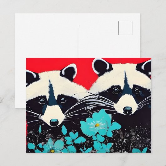 Schattige accoons met blauwe bloemen briefkaart (Voorkant / Achterkant)