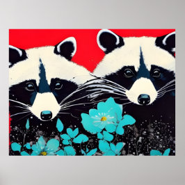 Schattige accoons met blauwe bloemen poster