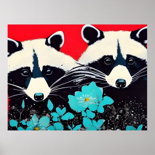 Schattige accoons met blauwe bloemen poster (Voorkant)