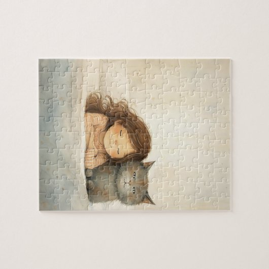 Schattige afbeelding van klein meisje en kat legpuzzel (Horizontaal)