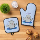 Schattige afbeelding van poreuze cartoon ovenwant & pannenlap set (Top down)