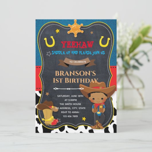 Schattige Afrikaans kind cowboy-uitnodiging Feestdagenkaart (Staand voorkant)