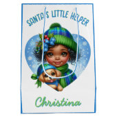 Schattige Afro-Amerikaans Meisje met Puppy Winter Medium Cadeauzakje (Achterkant)