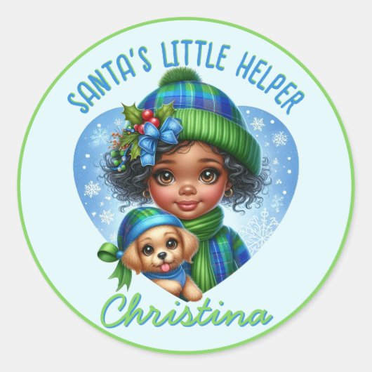 Schattige Afro-Amerikaans Meisje met Puppy Winter Ronde Sticker (Voorkant)