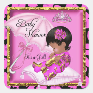 Schattige Afro-Amerikaanse Baby Shower Roze Luipaa Vierkante Sticker
