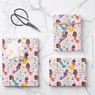 Schattige Afro-Amerikaanse Zeemeerminnen Golven Ze Inpakpapier Vel