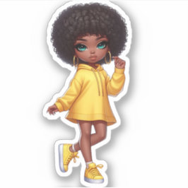 Schattige afro zwart chibi meisje / geel sticker