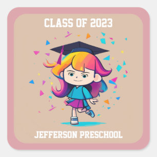 Schattige afstudeerklas 2026 Cartoon meisje afgest Vierkante Sticker
