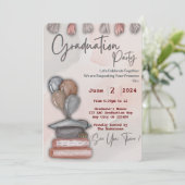 Schattige Afstuderen pet, boek en ballonnen Uitnod Kaart (Staand voorkant)