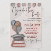 Schattige Afstuderen pet, boek en ballonnen Uitnod Kaart (Voorkant)