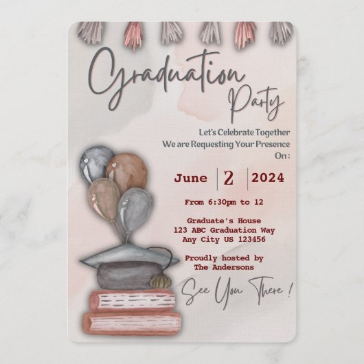 Schattige Afstuderen pet, boek en ballonnen Uitnod Kaart (Voorkant)