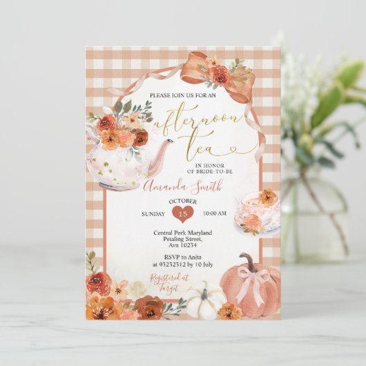 Schattige Afternoon Tea Party Bow Pumpkin Vrijgeze Kaart (Staand voorkant)