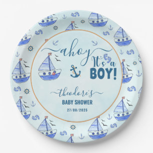 Schattige Ahoy Het is een Boy Sailboat Nautisch Ba Papieren Bordje