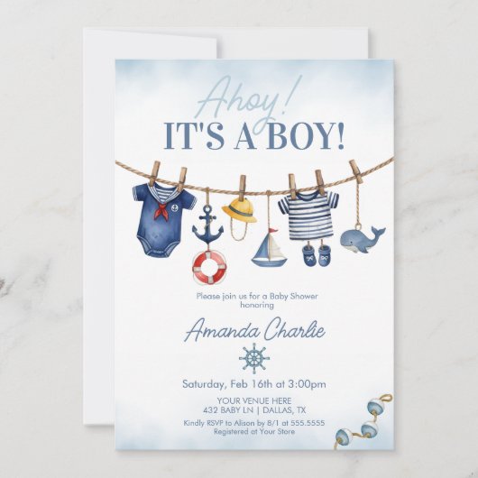 Schattige Ahoy Het is een Boy waslijn Baby shower Kaart (Voorkant)