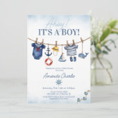 Schattige Ahoy Het is een Boy waslijn Baby shower Kaart (Staand voorkant)