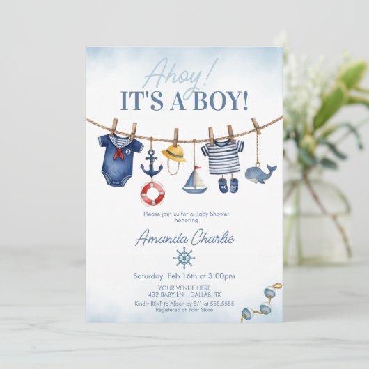 Schattige Ahoy Het is een Boy waslijn Baby shower Kaart (Staand voorkant)