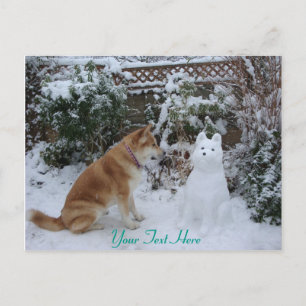 schattige akita in sneeuw met een sneeuwman akita  briefkaart