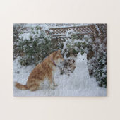 schattige akita in sneeuw met sneeuwpopfoto legpuzzel (Horizontaal)