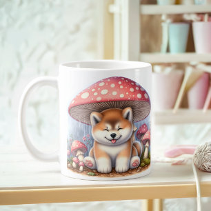 Schattige Akita Inu puppy onder paddenstoelenparap Koffiemok