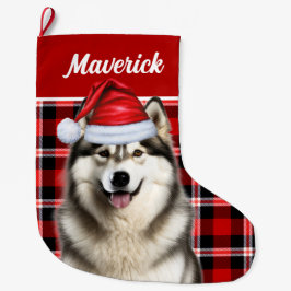Schattige Alaskan Malamute Holiday Plaid Custom Grote Kerstsok