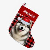 Schattige Alaskan Malamute Holiday Plaid Custom Grote Kerstsok (Voorkant (Hangend))