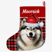 Schattige Alaskan Malamute Holiday Plaid Custom Grote Kerstsok (Achterkant)