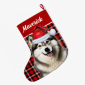 Schattige Alaskan Malamute Holiday Plaid Custom Grote Kerstsok (Achterkant (Hangend))