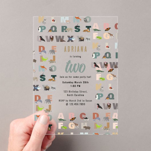 Schattige alfabet ABC Animals Peuter Verjaardag Acryl Uitnodigingen (Insitu (Draagbaar))