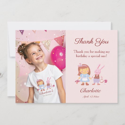 Schattige Alice Konijn Kinderen Roze Verjaardagsfo Bedankkaart (Voorkant)