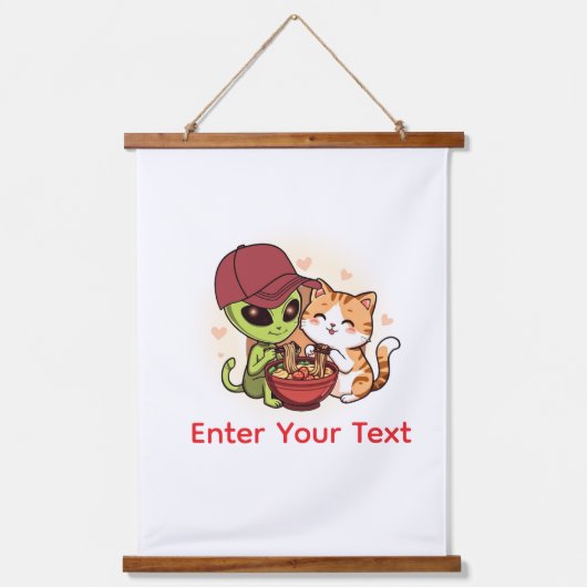 Schattige Alien Kat Ramen Kawaii Kunst Hangend Wandkleed (Voorkant)