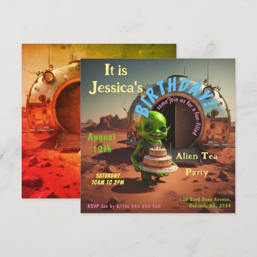 Schattige Alien met Verjaardagstaart Uitnodigen Kaart (Voorkant / Achterkant)