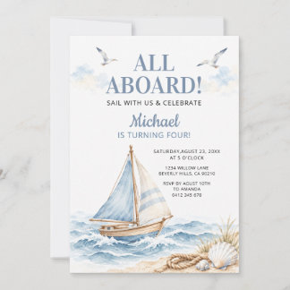 Schattige alle-aboard zeilboot 4de verjaardag jong kaart