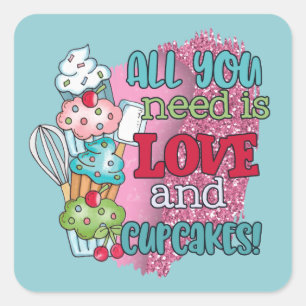 Schattige alle behoefte liefde cupcakes woord kuns vierkante sticker