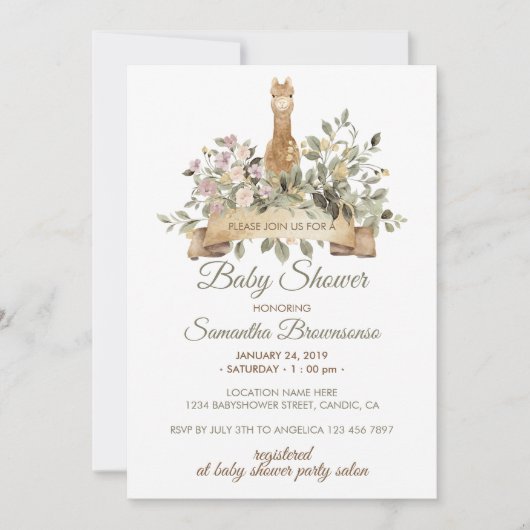 Schattige Alpaca Botanisch Lint Baby shower Kaart (Voorkant)