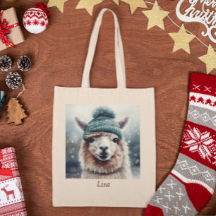 Schattige alpaca met blauwe beanie aanpasbaar tote bag