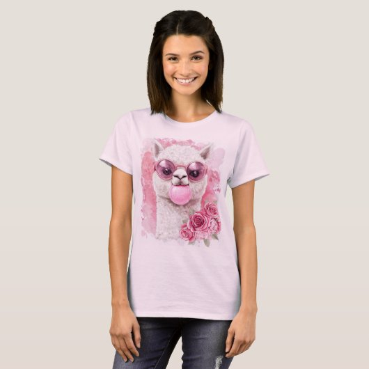 Schattige Alpaca T-shirt – Bubblegum Llama met Sun (Voorkant volledig)