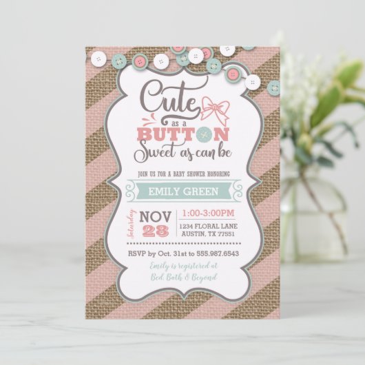 Schattige als een Button Baby shower Invitation Mi Kaart (Staand voorkant)